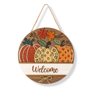 Thanksgiving Pumpkin Wooden Sign Hanging Wall Decor, Round Wood Plaque Door Hanger, Fall Autumn Harvest Home Decoration, Rustic Farmhouse Kitchen Decor