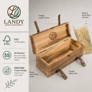 Landy Vintage Burnt Pine Wood Wine Box - Double Bottle Carrier
